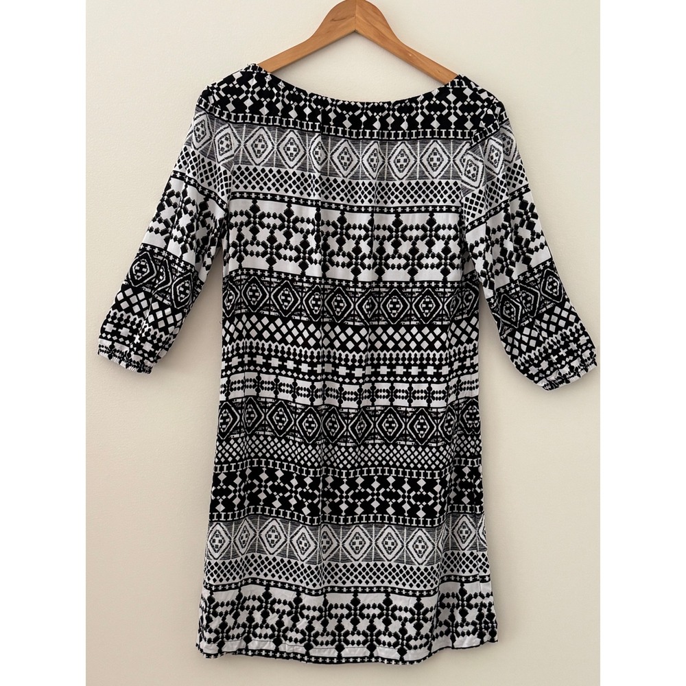 Mossimo Black White Tribal Geometric Shift Dress 3/4 Sleeve Boho Small - Picture 5 of 9
